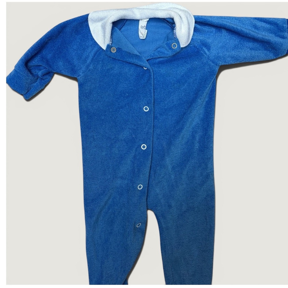 Kent Vintage Footed Sleeper 24M Blue White Velour Collared Snap One‎ Piece